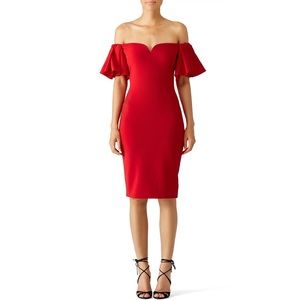 Badgley Mischka Red Off Shoulder Ruffle Dress